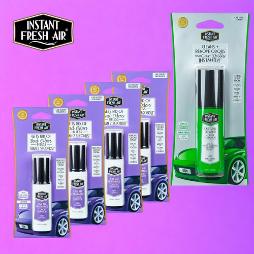 CAR FRESHNESS SET: 4 Car Air Lavender, 1.35 Oz (40 Ml) + 1 Car Spill, 4 Oz (120 Ml).